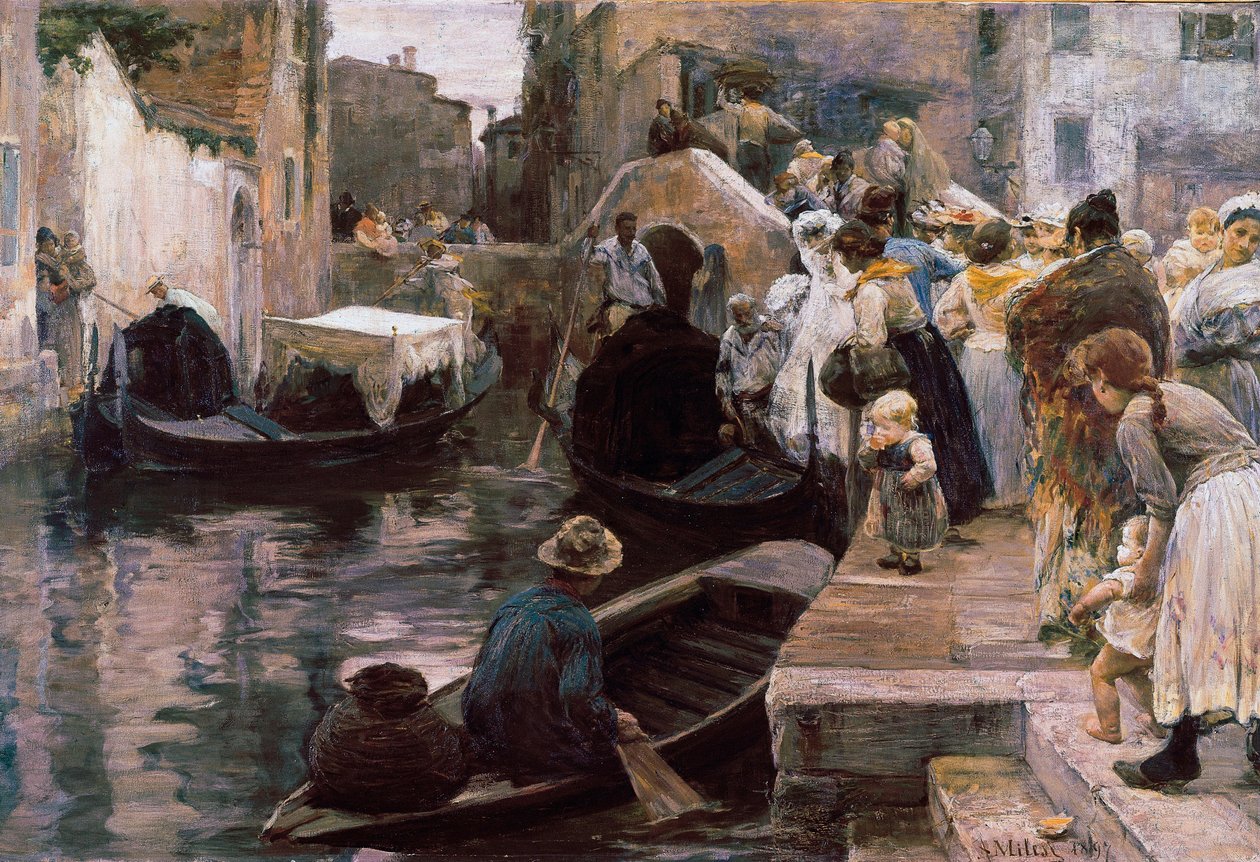 ""Bryllup i Venezia"" De nygifte kjører gondol. Maleri av Alessandro Milesi (1856-1945) 1897 Roma. Galleria Nazionale d
