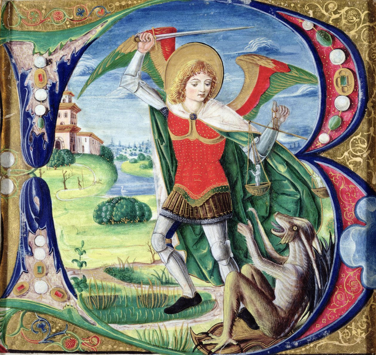 Historikert initial 'B' som viser St. Michael and the Dragon, 1499-1511 av Alessandro Pampurino