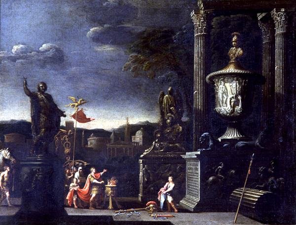 Se med en scene av et offer (olje på panel) av Alessandro Salucci