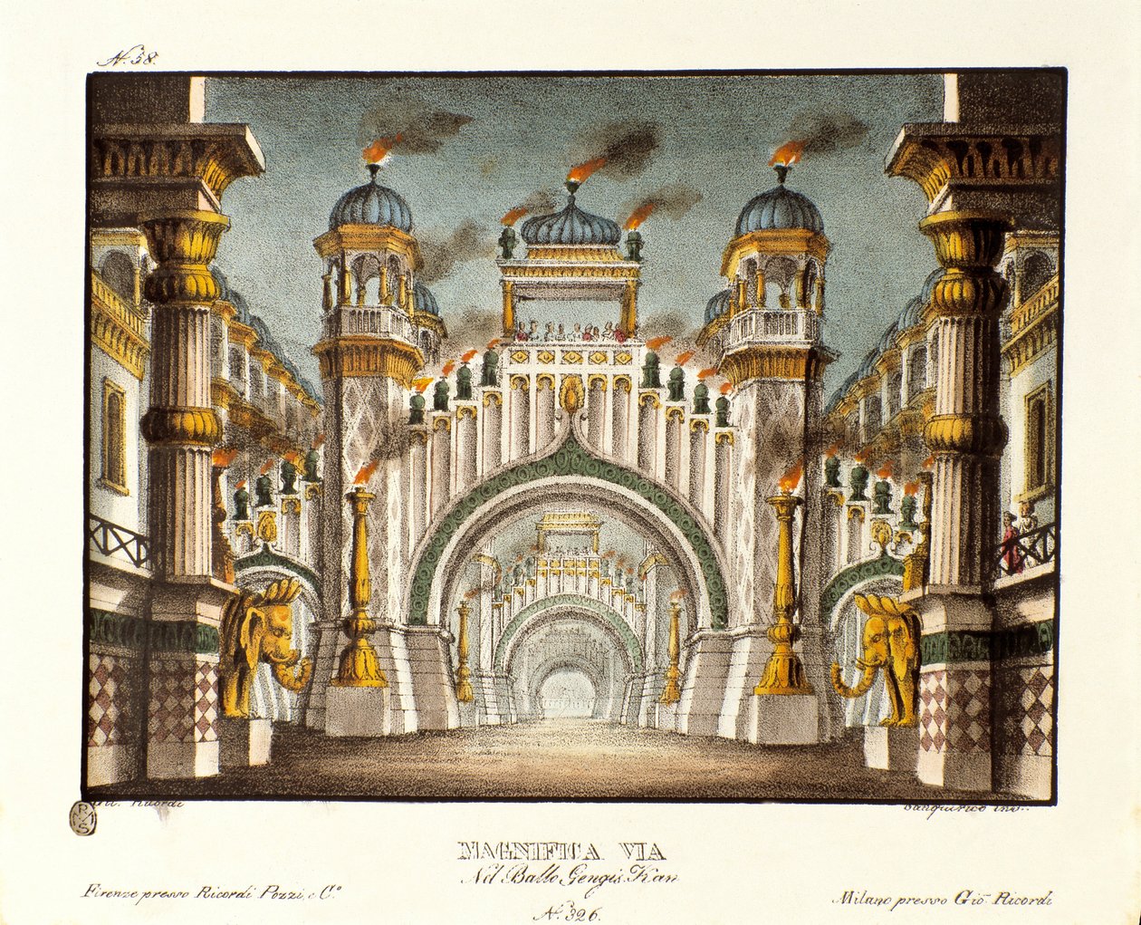 Et tempel på tidspunktet for Genghis Khan Scenografi for balletten "" Genis-Kan "av den italienske koreografen Giovanni Galzerani (1780-1865) (1828). Litografi i "" Samling av naturskjønne oppfinnelser fra 1830 av Alessandro Sanquirico (1777-1849) "". Mila av Alessandro Sanquirico