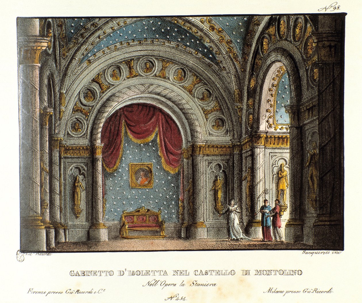 Isolettas kabinett på Montolino slott i Bretagne Scenografi for forestillingen på Teatro alla scala i 1829 av operaen "La straniera" "(1828) av Vincenzo Bellini. Litografi i "" Samling av naturskjønne oppfinnelser fra 1830 av Alessandro Sanquirico av Alessandro Sanquirico