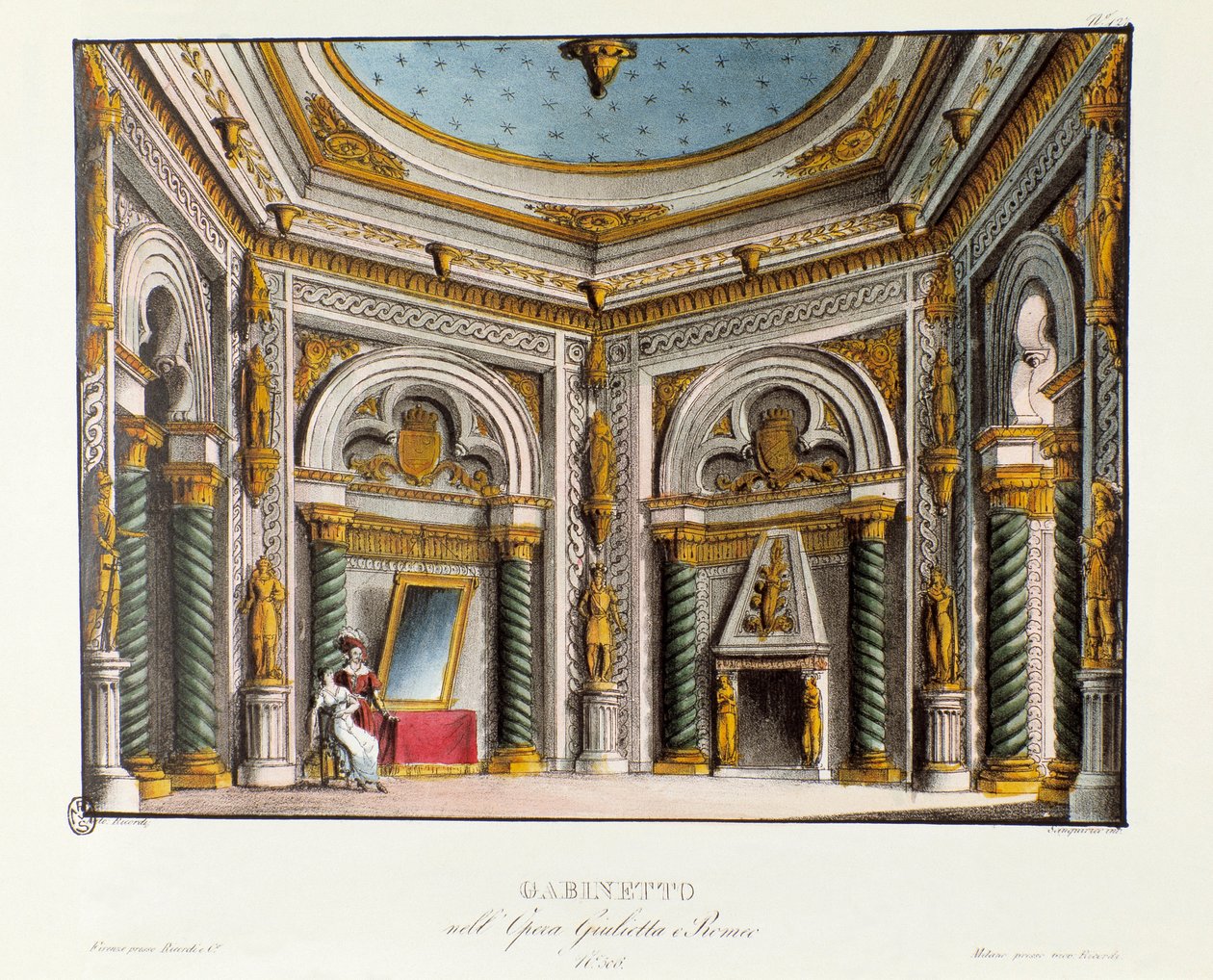 Julies private leiligheter Scenografi for forestillingen på Teatro Carcano i 1829 av operaen "Giulietta e Romeo" (Juliet og Romeo) (1796) av Niccolo Antonio Zingarelli etter stykket "Romeo og Julie"" av William Shakespeare. Litografi i "" Rac av Alessandro Sanquirico