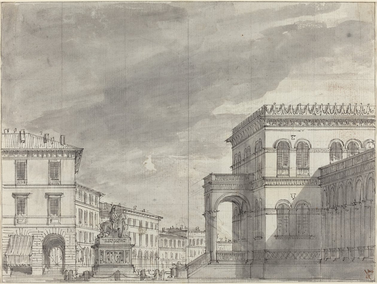 Piazza med et ridemonument og et palass av Alessandro Sanquirico