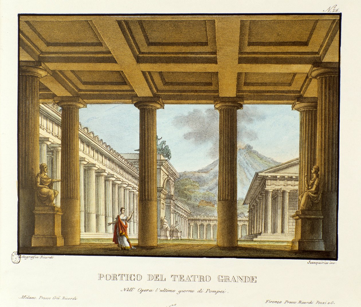 Portiko av Grand Theatre i Pompeii, i bakgrunnen Vesuve-scenografien for fremføringen av "operaen" L