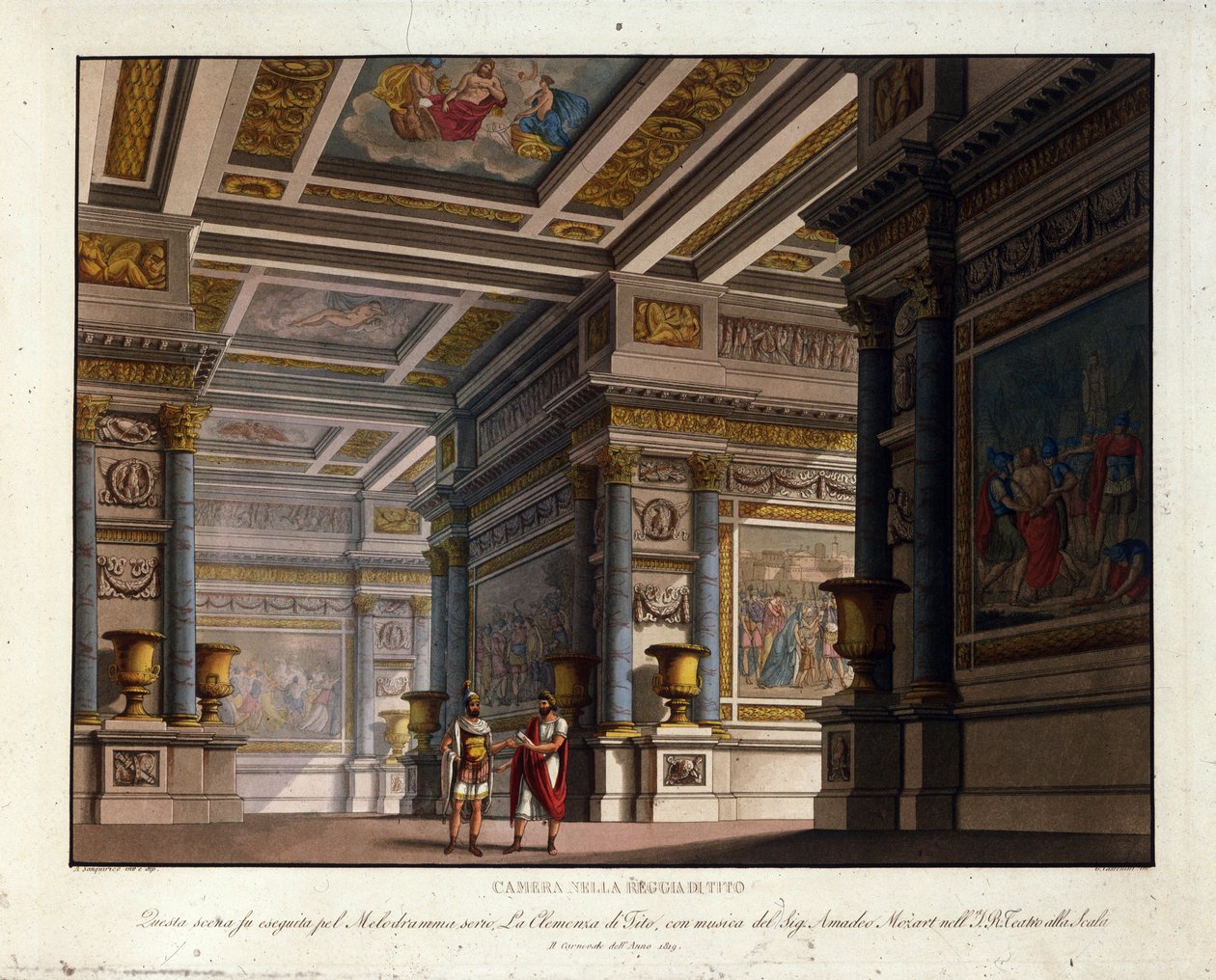 Scenografi av Alessandro Sanquirico (1777-1849) for "La Clemence de Tito" av Wolfgang Amadeus Mozart (1756-1791) klatrer til La Scala i Milano i 1819 og representerer rommet i det kongelige palasset i Tito av Alessandro Sanquirico