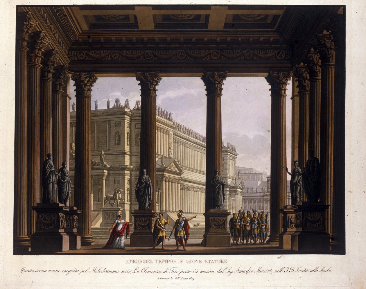 Scenografi av Alessandro Sanquirico (1777-1849) for «The Clemence of Tito» av Wolfgang Amadeus Mozart (1756-1791) klatrer til La Scala i Milano i 1819 og representerer atriet til Jupiter-tempelet Stator Stator: Sextus er stoppet; å bevare Viterli av Alessandro Sanquirico