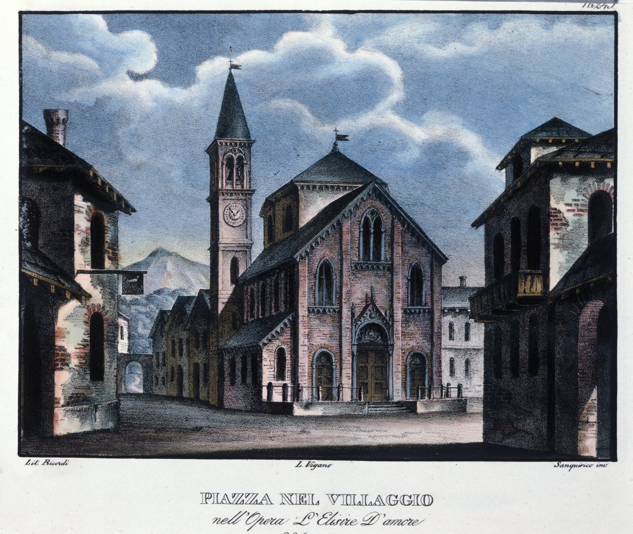 Scenografi for operaen "L'elisir d'amore"" (Kjærlighetens eliksir) av Gaetano Donizetti (1797-1848) for forestillingen på Teatro della Canobbiana i Milano 12.05.1832. Tegning av Alessandro Sanquirico (1777-1849) av Alessandro Sanquirico