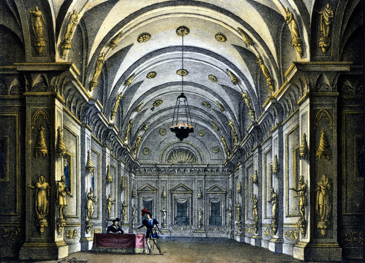 Scenografi av Sanquirico for operaen "Anna Bolena" av Gaetano Donizetti (1797-1848) representert på Teatro Carcano i Milano av Alessandro Sanquirico