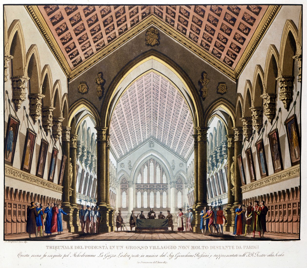 Scenografi av Sanquirico for operaen "La gazza ladra" av Gioacchino Rossini representert på Teatro alla Scala i Milano i 1817: Tribunal du Podestat nær Paris. av Alessandro Sanquirico