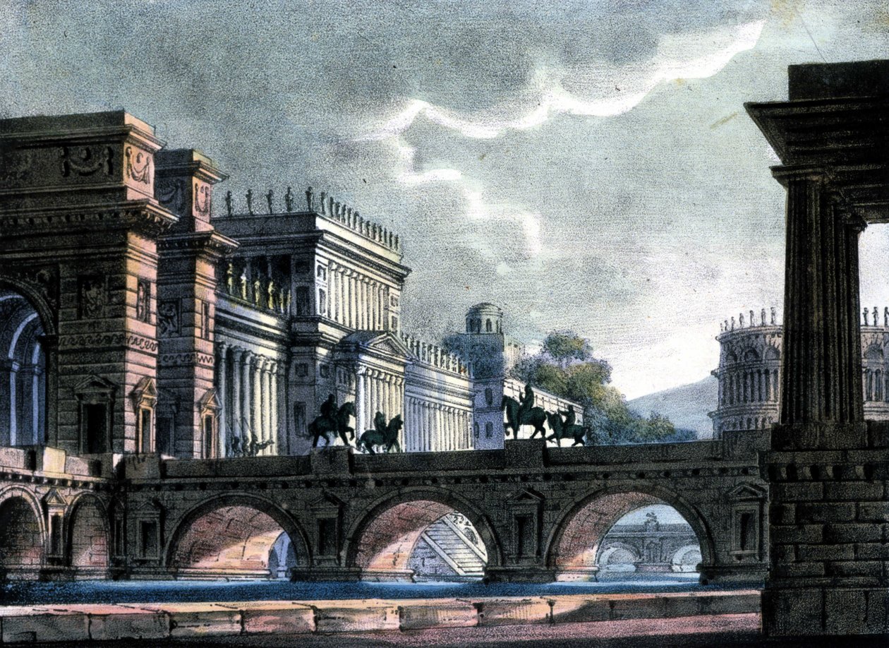 Scenografi av Sanquirico for operaen "The exile of Rome" av Gaetano Donizetti, La Scala av Alessandro Sanquirico