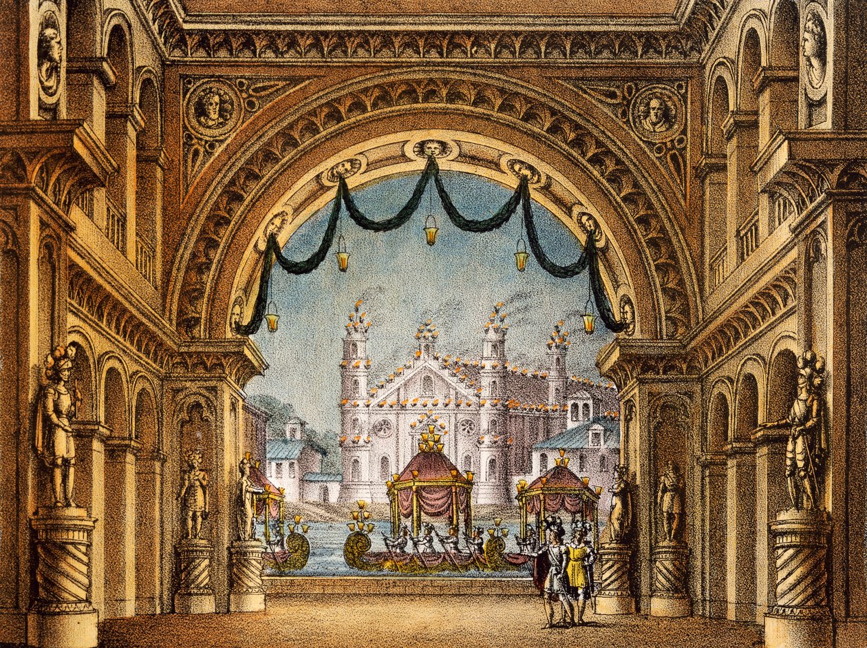 Scenografi av Alessandro Sanquirico (1777-1849) for La Straniera (The Stranger Woman), verk av Vincenzo Bellini (1801-1835) av Alessandro Sanquirico