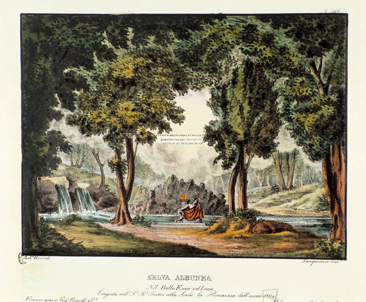 Skogen til Sibyl Albunea Scenografi for representasjon av operadramaet "" Enea nel Lazio "" (1799) av Giuseppe Sarti. Litografi i "" Samling av naturskjønne oppfinnelser fra 1830 av Alessandro Sanquirico (1777-1849) "". Milanesiske private samlinger av Alessandro Sanquirico