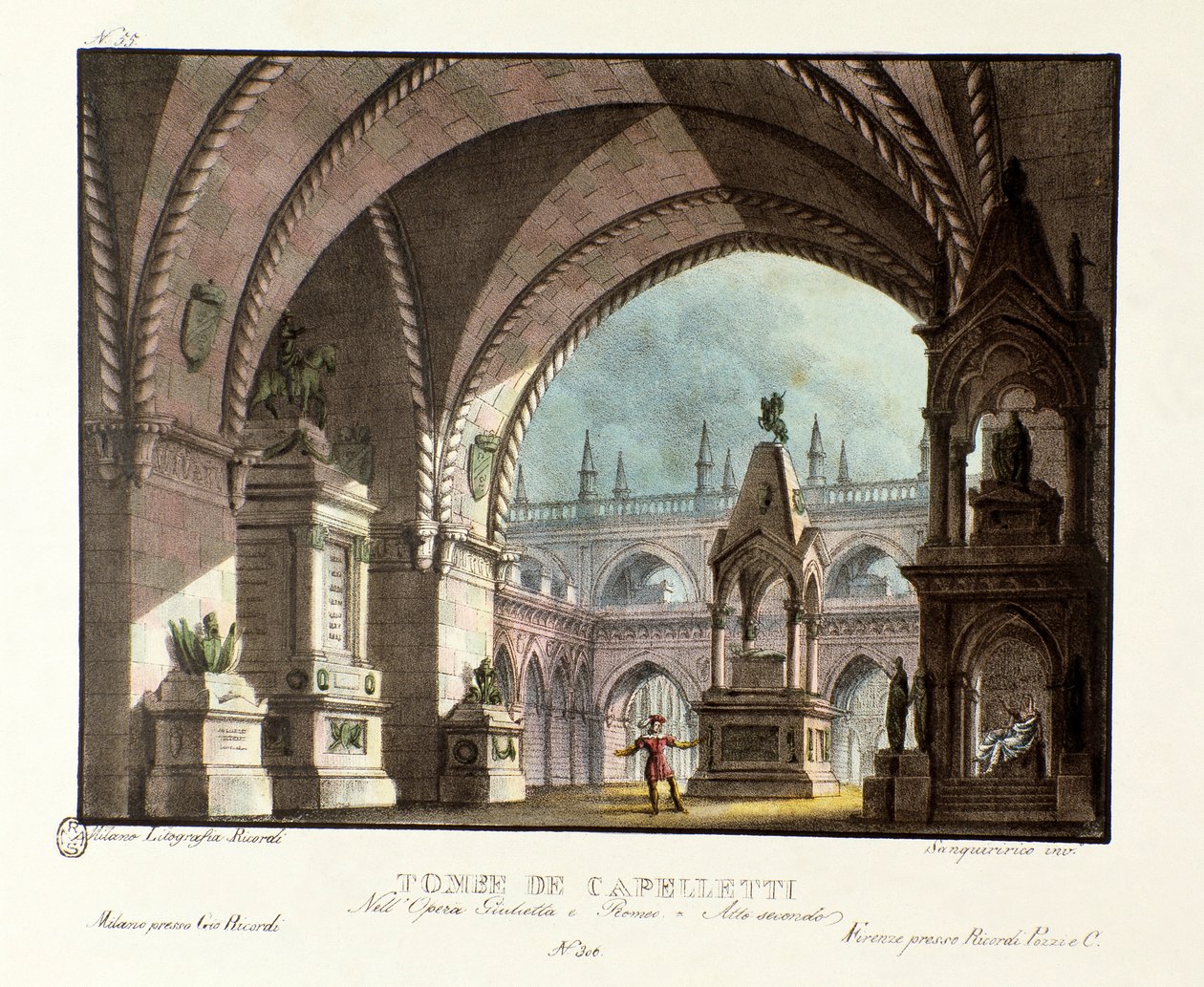 Graven til Capulet-familien (Capuleti) Scenografi for forestillingen på Teatro Carcano i 1829 av operaen "Giulietta e Romeo" (Juliet og Romeo) (1796) av Niccolo Antonio Zingarelli etter William Shakespeares stykke "Romeo og Julie". Lithograp av Alessandro Sanquirico