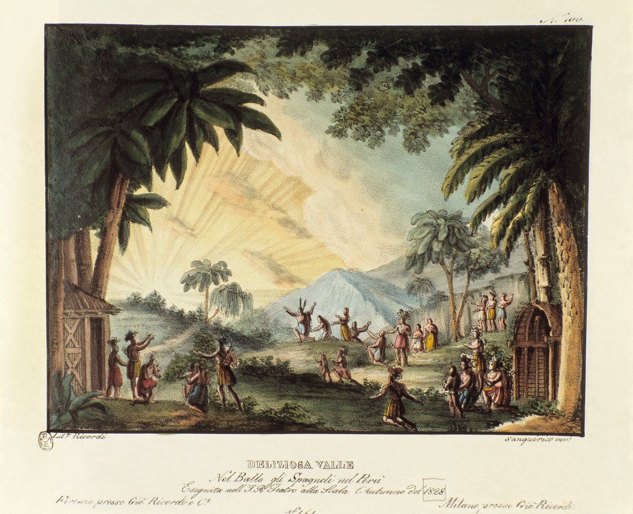 Utsikt over en deilig dal på tidspunktet for erobringen av den nye verden av den spanske scenografien for balletten "" Gli spagnoli nel Peru"" av den italienske koreografen Giovanni Galzerani (1780-1865) (1828). Litografi i "" Raccolta di invenzioni scenic av Alessandro Sanquirico