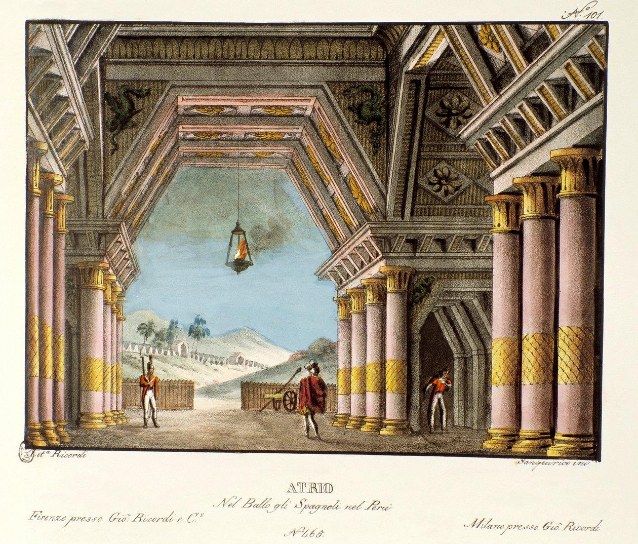 Utsikt over et stort palassrom Scenografi for balletten "" Spanjolene i Peru "" av den italienske koreografen Giovanni Galzerani (1780-1865) (1828). Litografi i "" Samling av naturskjønne oppfinnelser fra 1830 av Alessandro Sanquirico (1777-1849) "". Milan av Alessandro Sanquirico