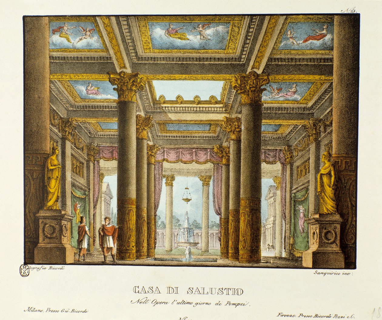 Utsikt over House of Salustio (Saluste) Scenografi for representasjon av Giovanni Pacinis "The Last Day of Pompei" (The Last Day of Pompei). Litografi i "" Samling av naturskjønne oppfinnelser fra 1830 av Alessandro Sanquirico (1777-1849) "". Milan av Alessandro Sanquirico