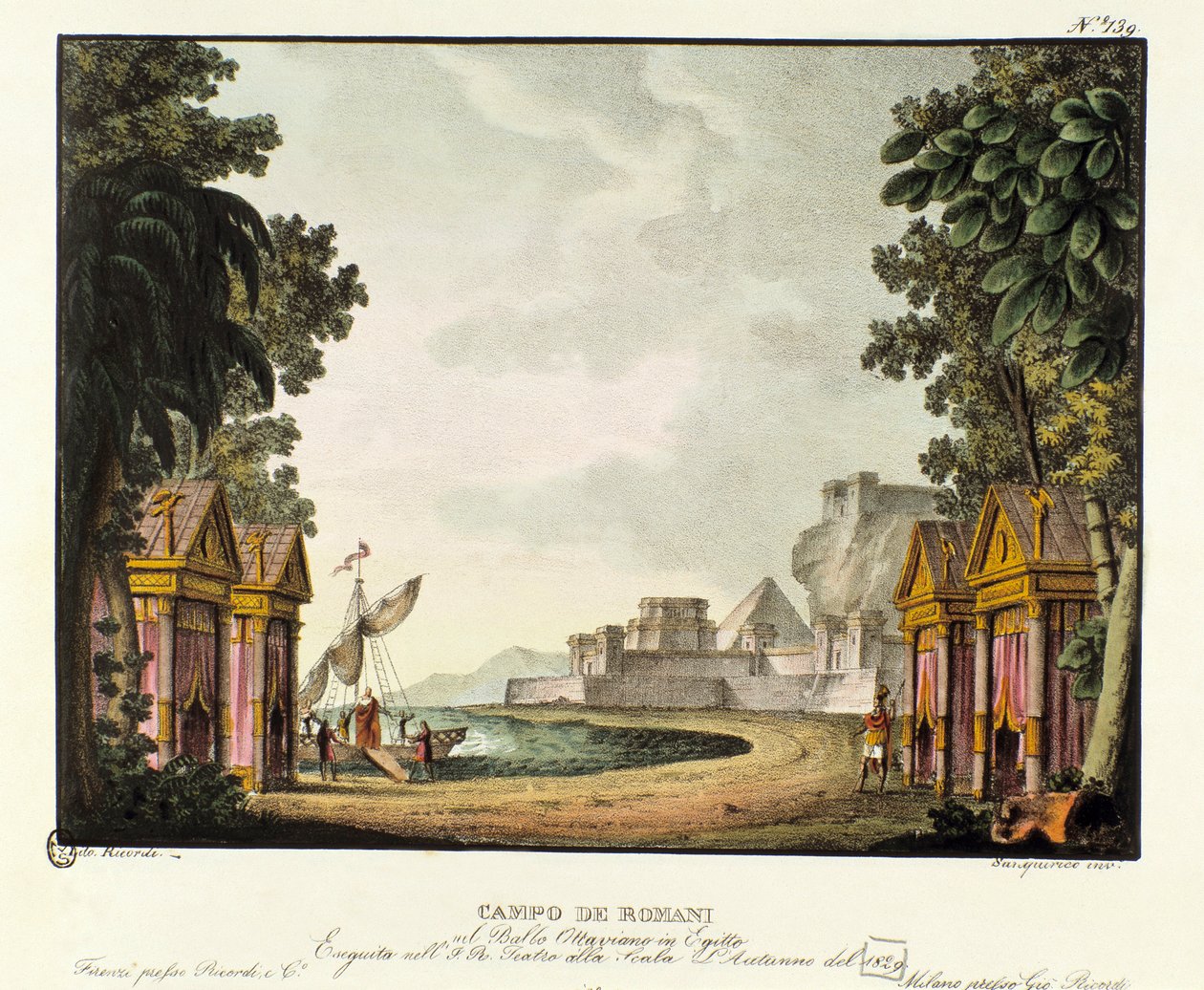 Utsikt over den romerske leiren Scenografi for balletten "" Octavian in Egypt "" av den italienske koreografen Giovanni Galzerani (1780-1865) (1828). Litografi i "" Samling av naturskjønne oppfinnelser fra 1830 av Alessandro Sanquirico (1777-1849) "". Mila av Alessandro Sanquirico