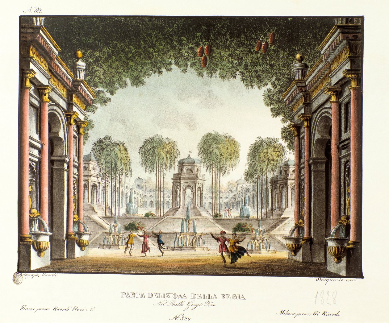 Utsikt over Royal Court of the Palace of Genghis Khan Scenografi for balletten "" Genis-Kan "" av den italienske koreografen Giovanni Galzerani (1780-1865) (1828). Litografi i "" Samling av naturskjønne oppfinnelser fra 1830 av Alessandro Sanquirico (1777- av Alessandro Sanquirico