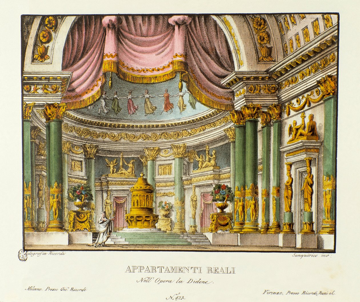Utsikt over det kongelige palasset til dronningen av Kartago Didon Scenografi for representasjon av den lyriske tragedien "" Didone" (Didon) (1783) av komponisten Niccolo Vito Piccinni (eller Piccini) etter operaen til Metastasio (Metastase) av Alessandro Sanquirico
