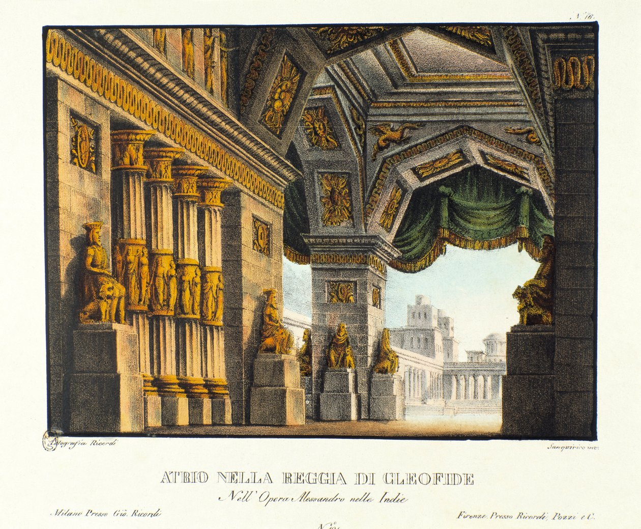 Utsikt over inngangen til det kongelige palasset til Cleophis (Cleofide), elskerinne til kong Poros beseiret av Alexander den store Scenografi for representasjonen av "operaen "Alessandro Nell
