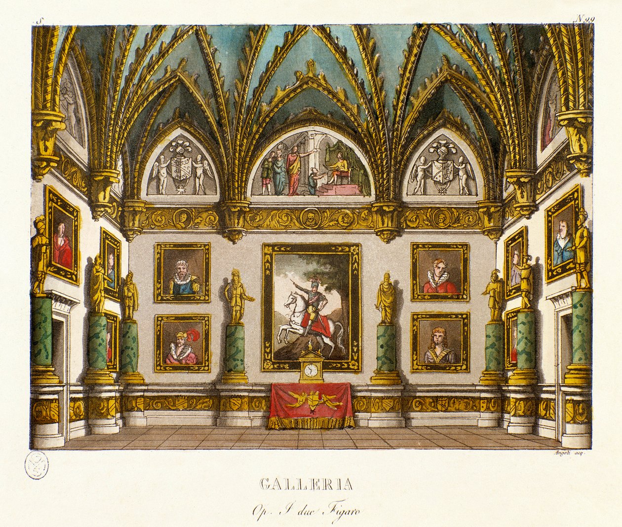 Utsikt over galleriet dekorert av malerier Scenografi for operaen "" I due figaro""" av den italienske komponisten Giuseppe Saverio Raffaele Mercadante (1795-1870), etter stykket "" The two figaros or the Subject of comedie" (1794) ) av Honore Francois Ric av Alessandro Sanquirico