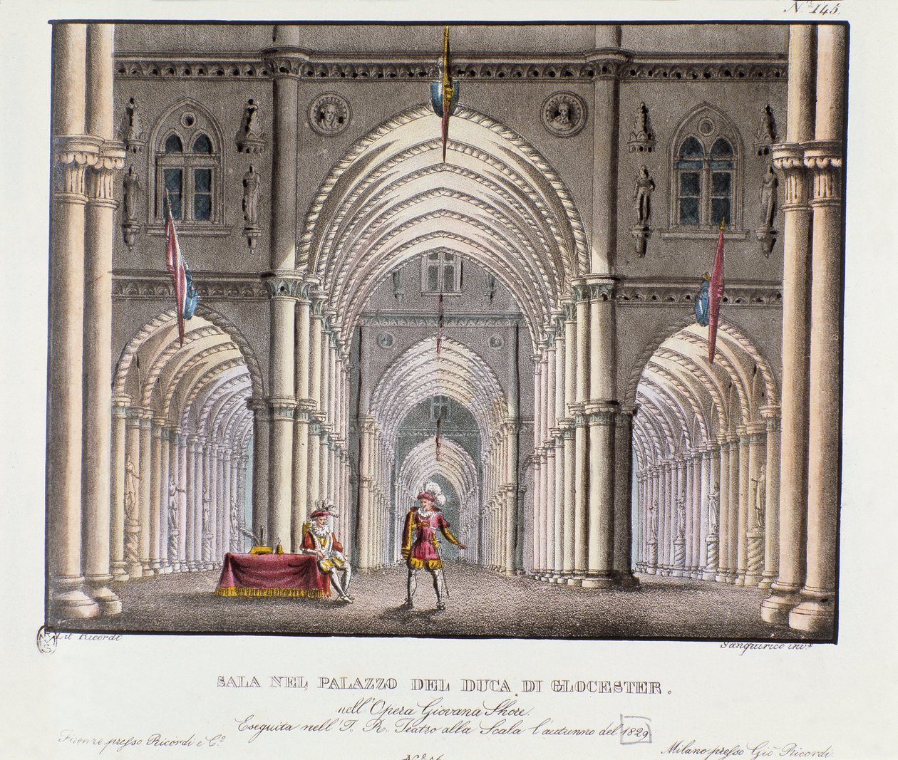 Utsikt over salen til palasset til hertugen av Gloucester Scenografi for representasjon av operaen "Giovanna Shore" (Jeanne Shore) av Carlo Ponti (1829). Litografi i "" Samling av naturskjønne oppfinnelser fra 1830 av Alessandro Sanquirico (1777-1849) " av Alessandro Sanquirico