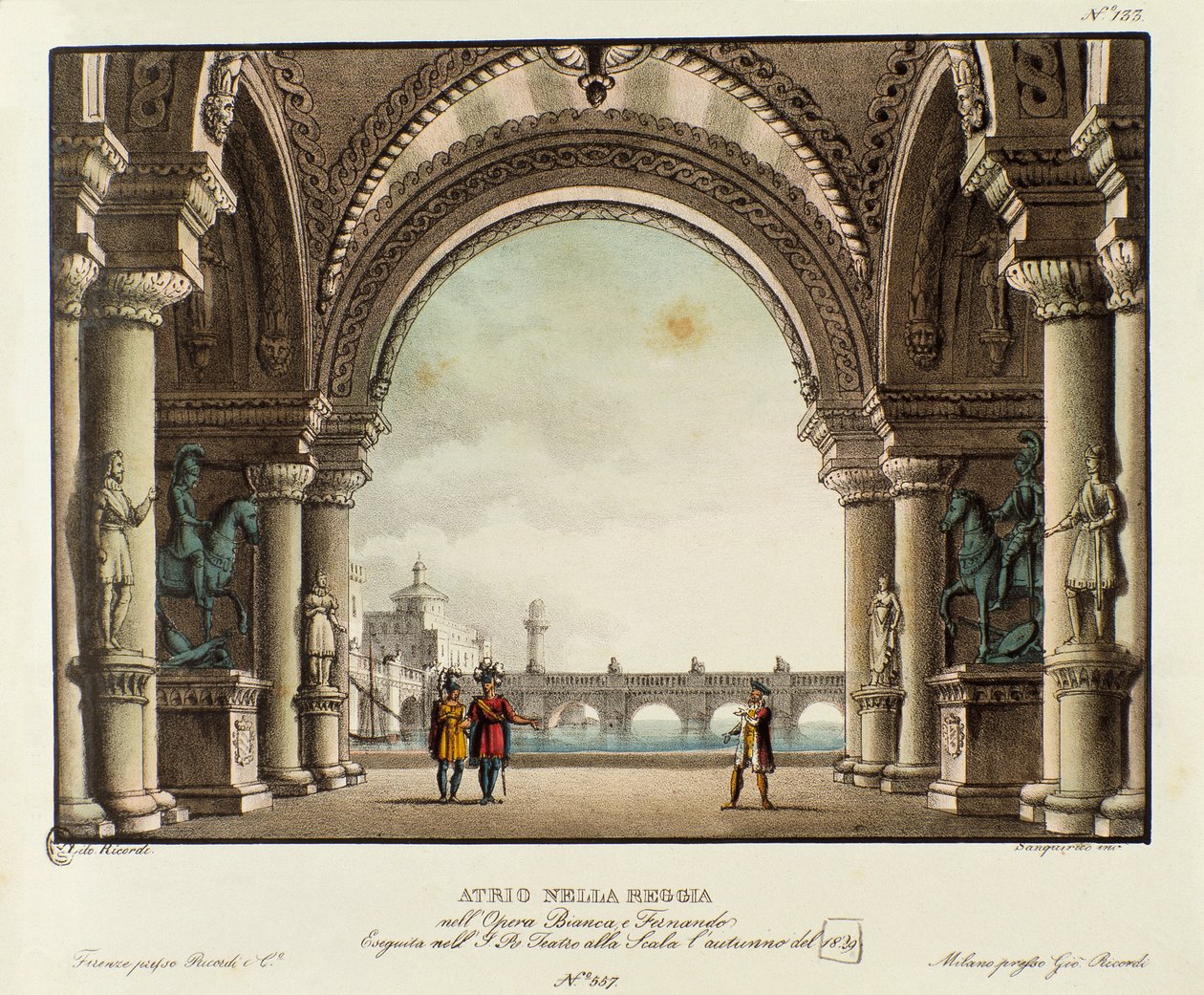 Utsikt over salen til det kongelige palasset Scenografi for representasjonen i 1829 av operaen "Bianca e Fernando" av Vincenzo Bellini (1826). Litografi i "" Samling av naturskjønne oppfinnelser fra 1830 av Alessandro Sanquirico (1777-1849) "". Privat Mila av Alessandro Sanquirico