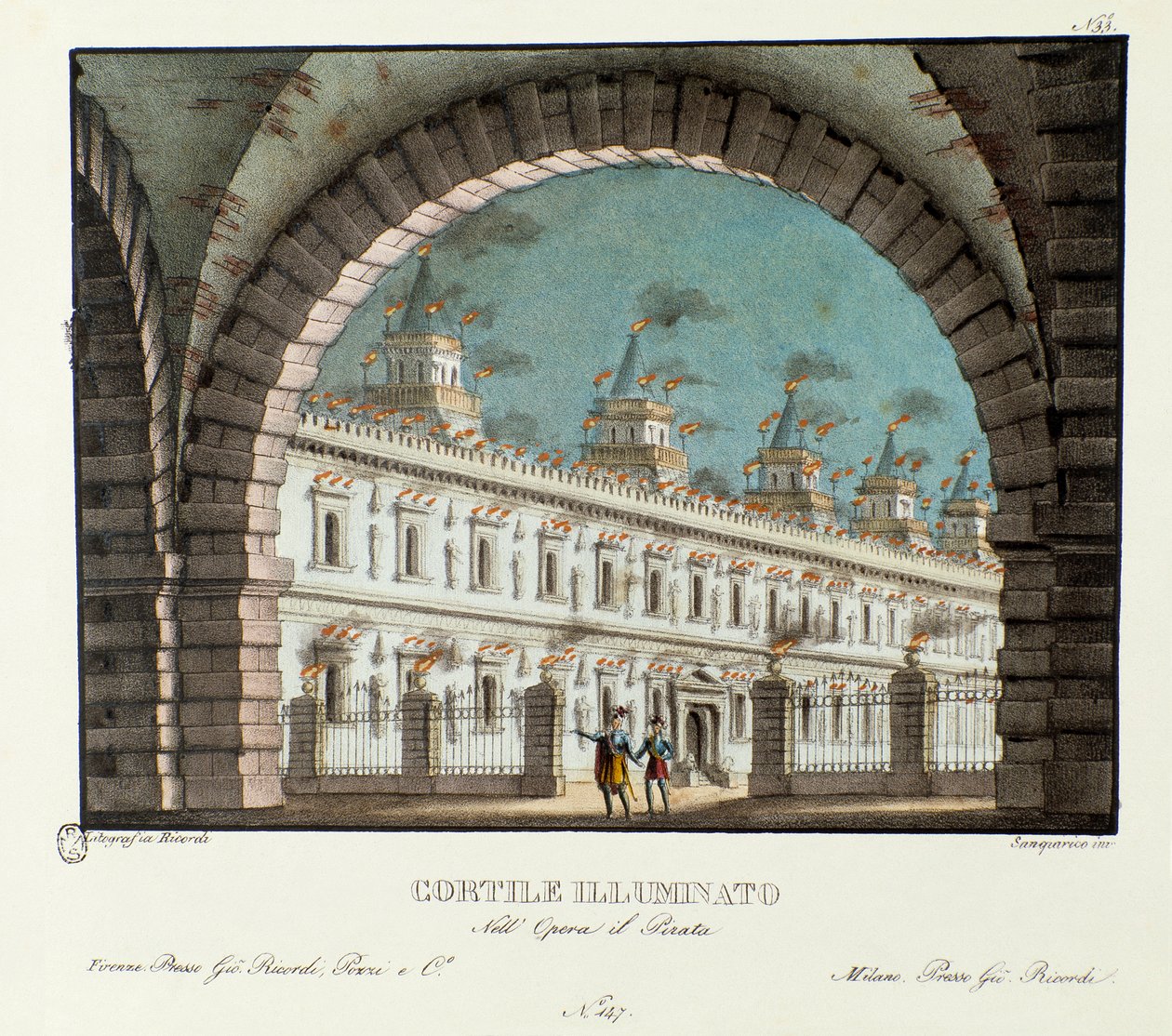Utsikt over den store opplyste gårdsplassen Scenografi for representasjonen av operaen Il pirata (Piraten) (1827) av Vincenzo Bellini. Litografi i "" Samling av naturskjønne oppfinnelser fra 1830 av Alessandro Sanquirico (1777-1849) "". Milanesisk privat c av Alessandro Sanquirico