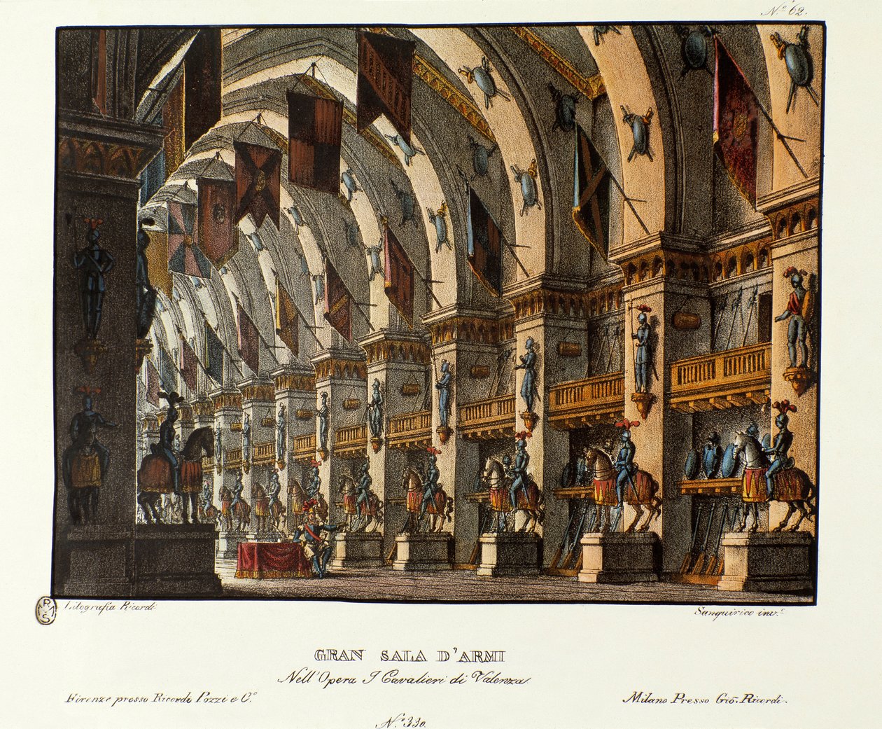 Utsikt over det store våpenrommet Scenografi for representasjon av operaen «I cavalieri di Valenza» av Giovanni Pacini og Gaetano Rossi (1828). Litografi i "" Samling av naturskjønne oppfinnelser fra 1830 av Alessandro Sanquirico (1777-1849) "". Milanese s av Alessandro Sanquirico