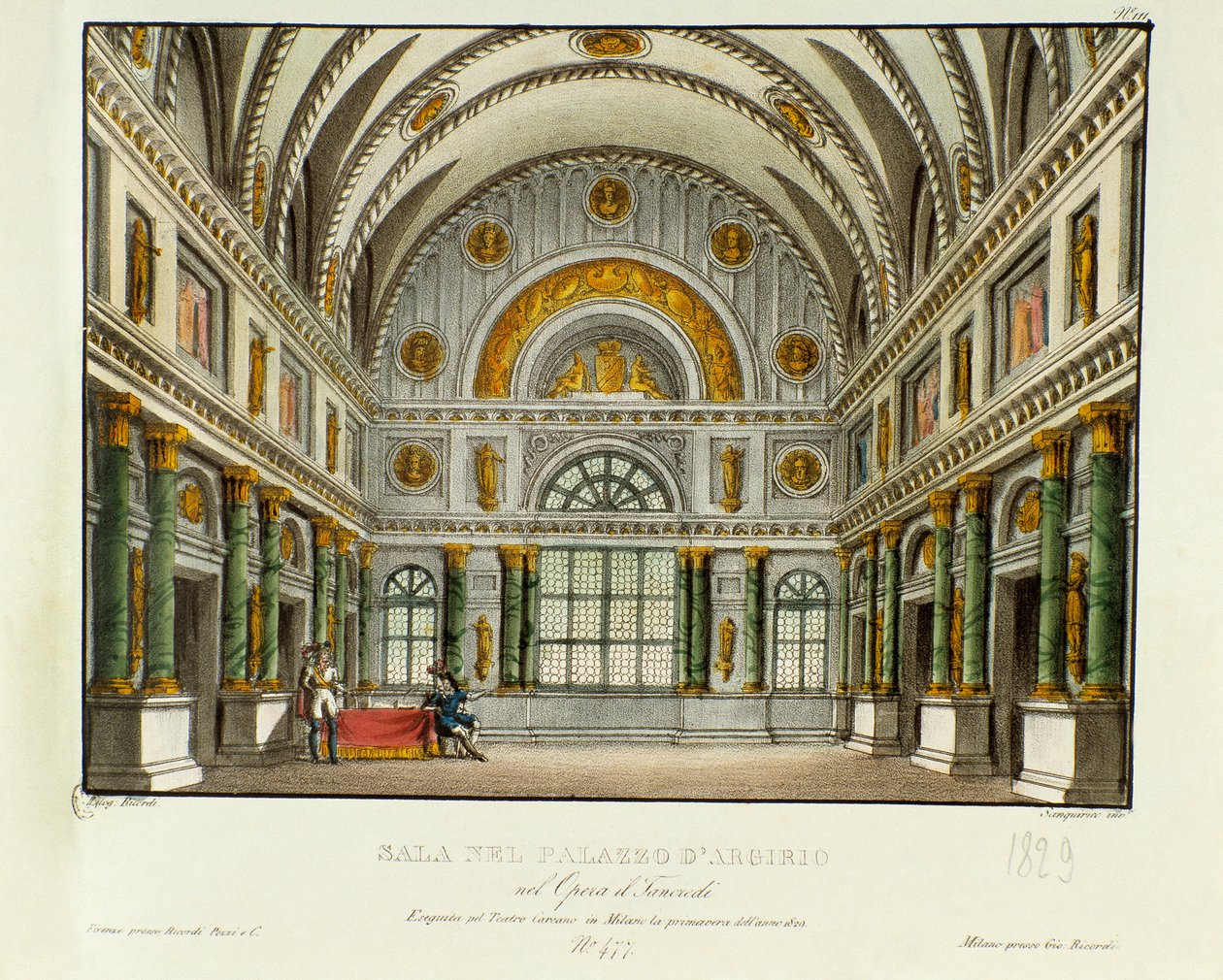 Utsikt over palasset til kongen av Syracuse Argirio Scenografi for forestillingen i Milano i 1829 av operaen "Tancredi" (eller Tancrede) av Gioacchino Rossini (eller Gioachino) (1813) etter Voltaires stykke "Tancrede". Litografi i "" Raccolta di invenzion av Alessandro Sanquirico