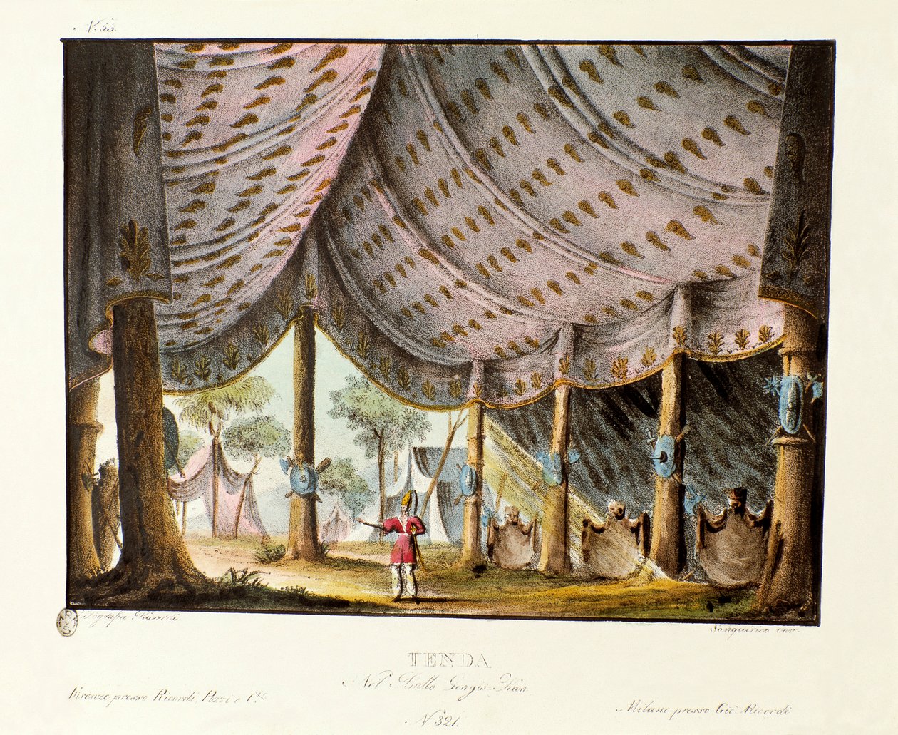 Utsikt over det kongelige teltet til Genghis Khan Scenografi for balletten "" Genis-Kan "av den italienske koreografen Giovanni Galzerani (1780-1865) (1828). Litografi i "" Samling av naturskjønne oppfinnelser fra 1830 av Alessandro Sanquirico (1777-1849)  av Alessandro Sanquirico