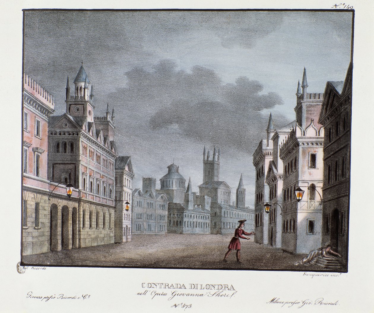 Utsikt over forstedene til London Scenografi for representasjon av operaen "Giovanna Shore" (Jeanne Shore) av Carlo Ponti (1829). Litografi i "" Samling av naturskjønne oppfinnelser fra 1830 av Alessandro Sanquirico (1777-1849) "". Milanesisk privat samlin av Alessandro Sanquirico