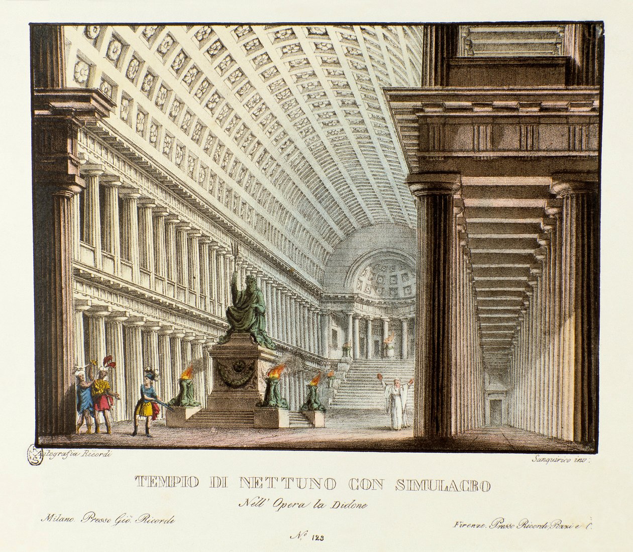 Utsikt over tempelet til Neptun Scenografi for representasjon av den lyriske tragedien "" Didone "" (Didon) (1783) av komponisten Niccolo Vito Piccinni (eller Piccini) etter operaen til Metastasio (Metastase). Litografi i "" Samling av naturskjønne oppfinn av Alessandro Sanquirico