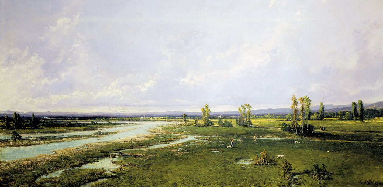 Jakt på elveleiet til Piave i Belluno, Maleri av Alessandro Seffer (1832-1905), Olje på lerret av Alessandro Seffer Guerra