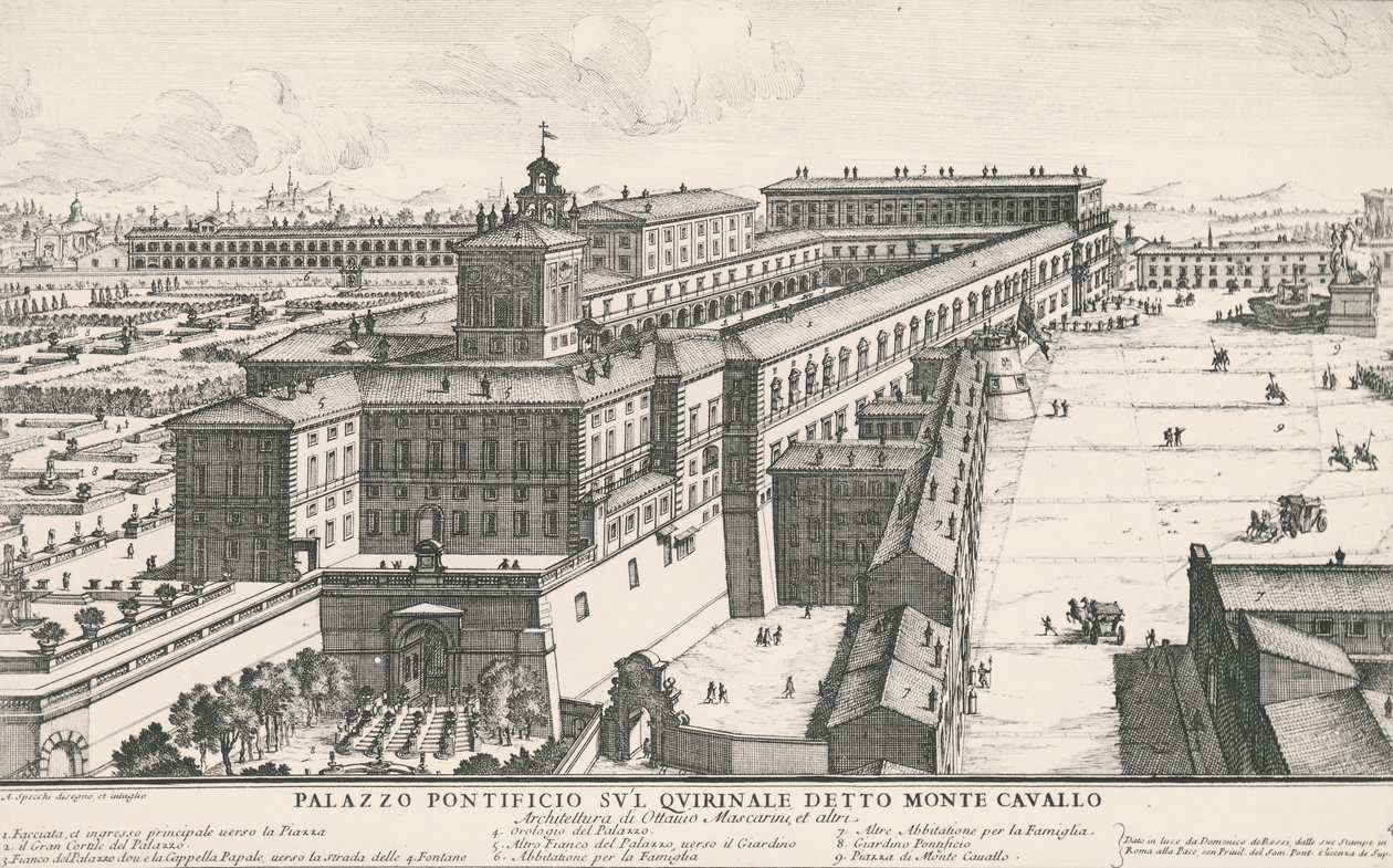 Pavepalasset på Quirinale-høyden, også kjent som Monte Cavallo, tegning og gravering av Alessandro Specchi (1668-1729), Italia av Alessandro Specchi