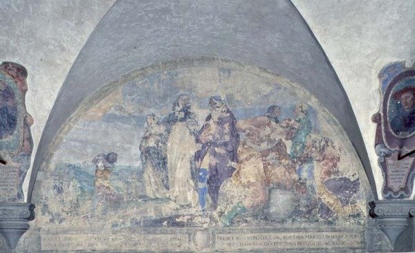 St. Antoninus forkynner for en kjøpmann som han reddet fra en forferdelig storm, lunette (fresco) av Alessandro Tiarini