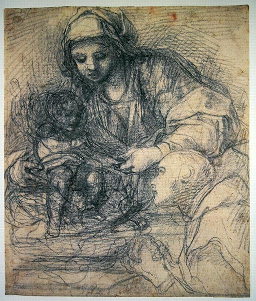 Madonnaen og barnet med en karteusisk munk (svart kritt over pekepennen på lyseblått papir) av Alessandro Tiarini
