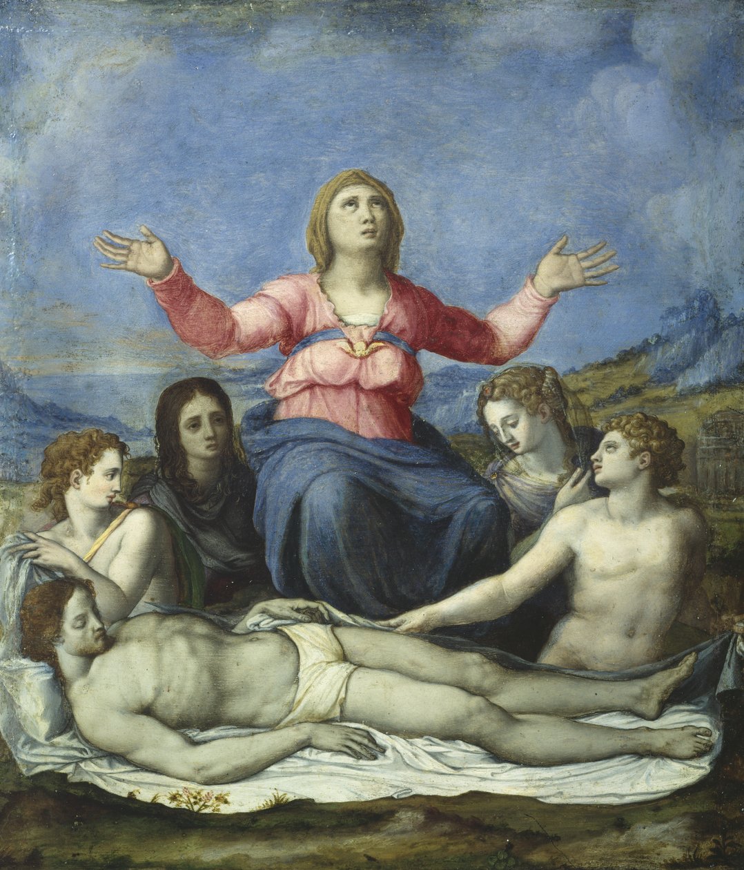 Klagesang over den døde Kristus (olje på blylegering) av Alessandro attr. to Allori