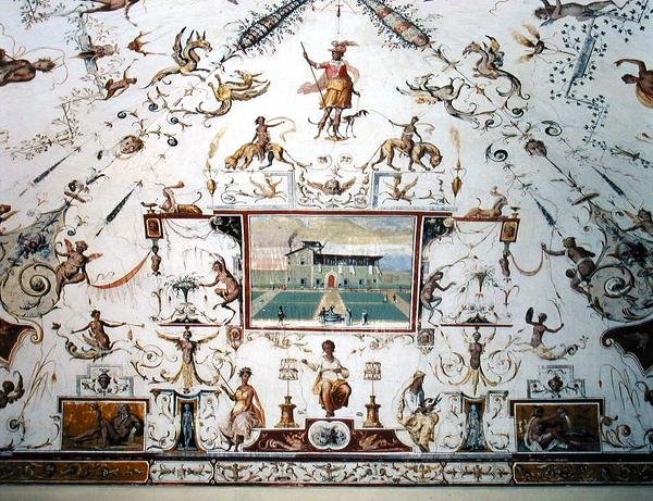 Ceiling of the Saletta, ca. 1570 (veggmaleri) av Alessandro del (attr.to) Barbiere