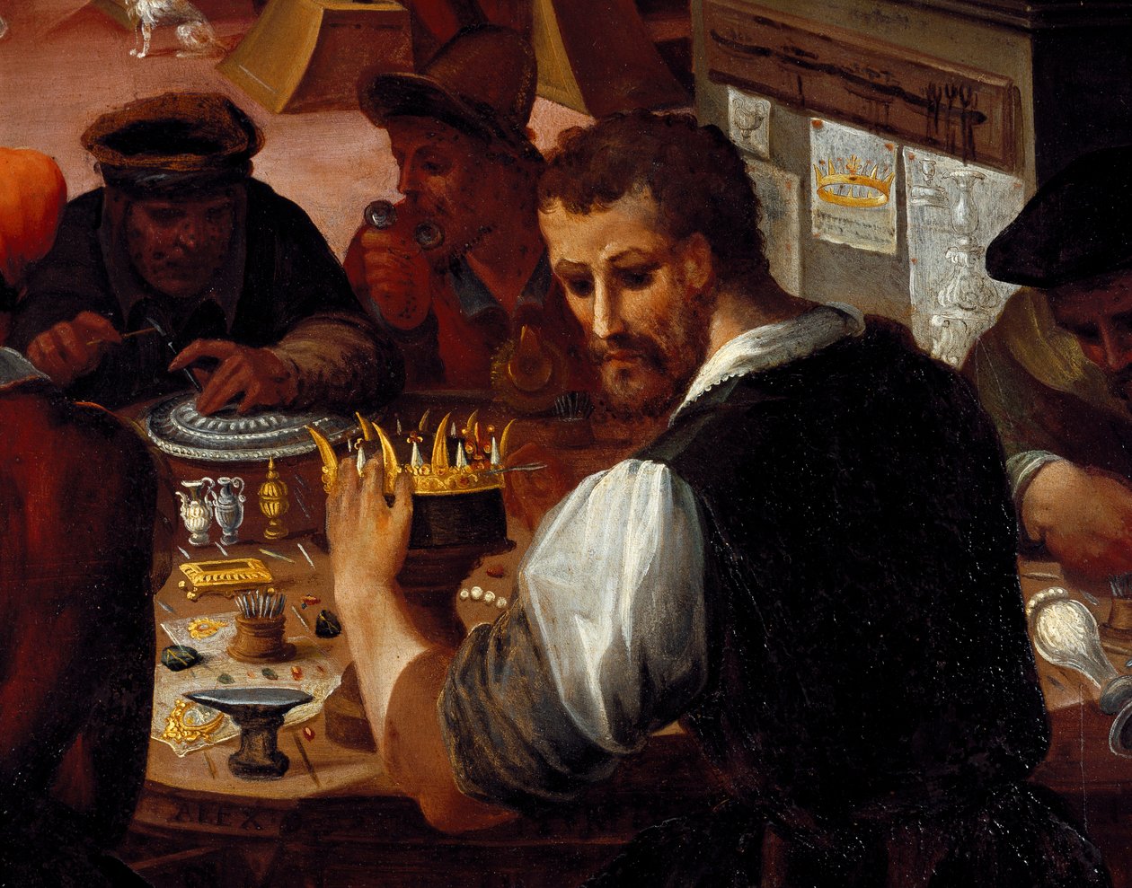 Verkstedet til gullsmeden. Detalj av metallarbeidere (maleri av Alessandro di Vincenzio Fei