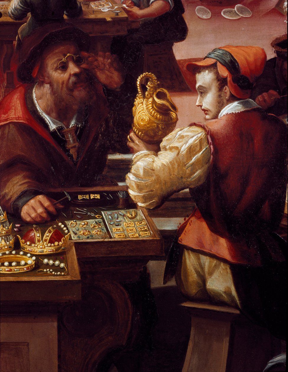 Verkstedet til gullsmeden Detalj av handel med gjenstander, smykker. (Maleri av Alessandro di Vincenzio Fei