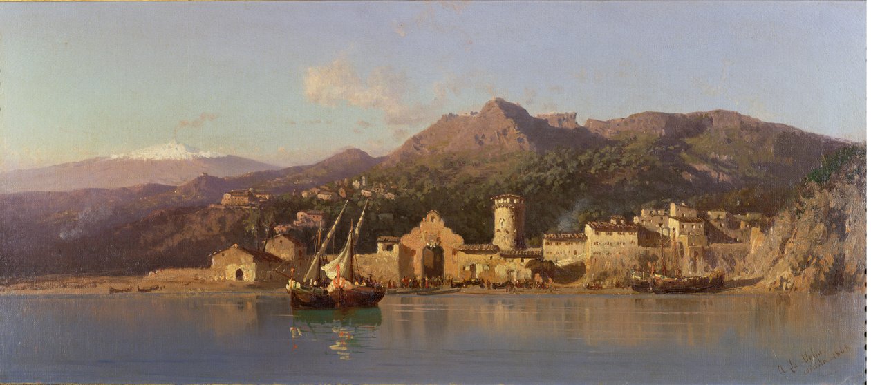 Utsikt over Taormina, Sicilia, med Etna i bakgrunnen, 1868 av Alessandro la Volpe