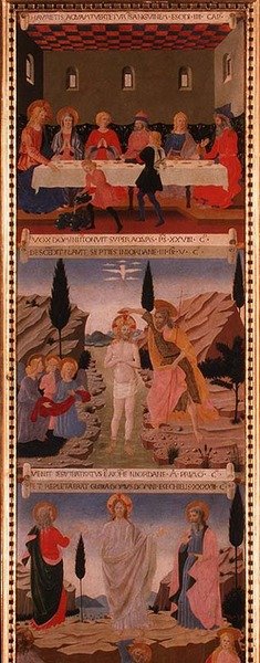 Scener av nattverden, Kristi dåp og himmelfarten, panel to fra sølvskattkammeret i Santissima Annunziata, ca. 1450-53 (tempera på panel) av Alessio Baldovinetti