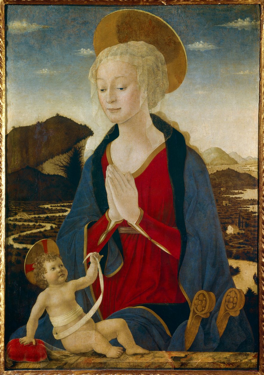 Jomfruen har barnet. Begge bærer gyldne aureoler. Maleri på tre av Alessio Baldovinetti (1425-1499) 1400-tallet Sun. 1,06x0,75 m av Alessio Baldovinetti