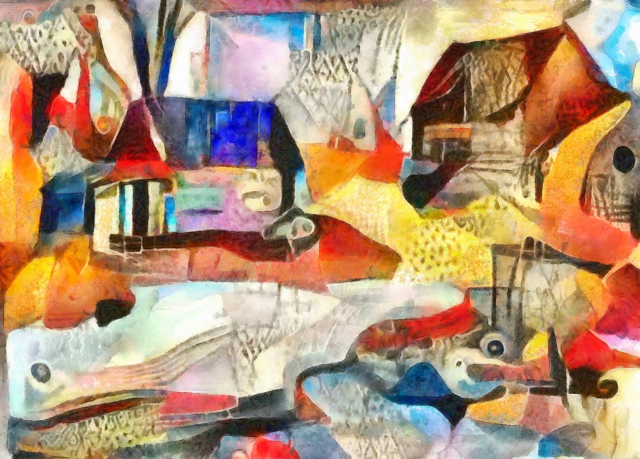 blå og brune tak, 2017, (blandet media) av Alex Caminker