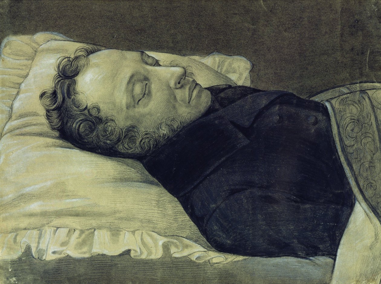 Portrett av Alexander Pushkin på dødsleiet, 1837 (blyant, gouache og blekk på papir) av Alexander Alexeyevich Koslov