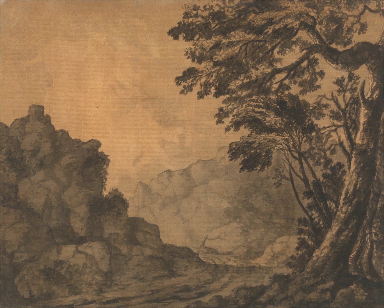 En vei i et fjellandskap med trær til høyre av Alexander Cozens