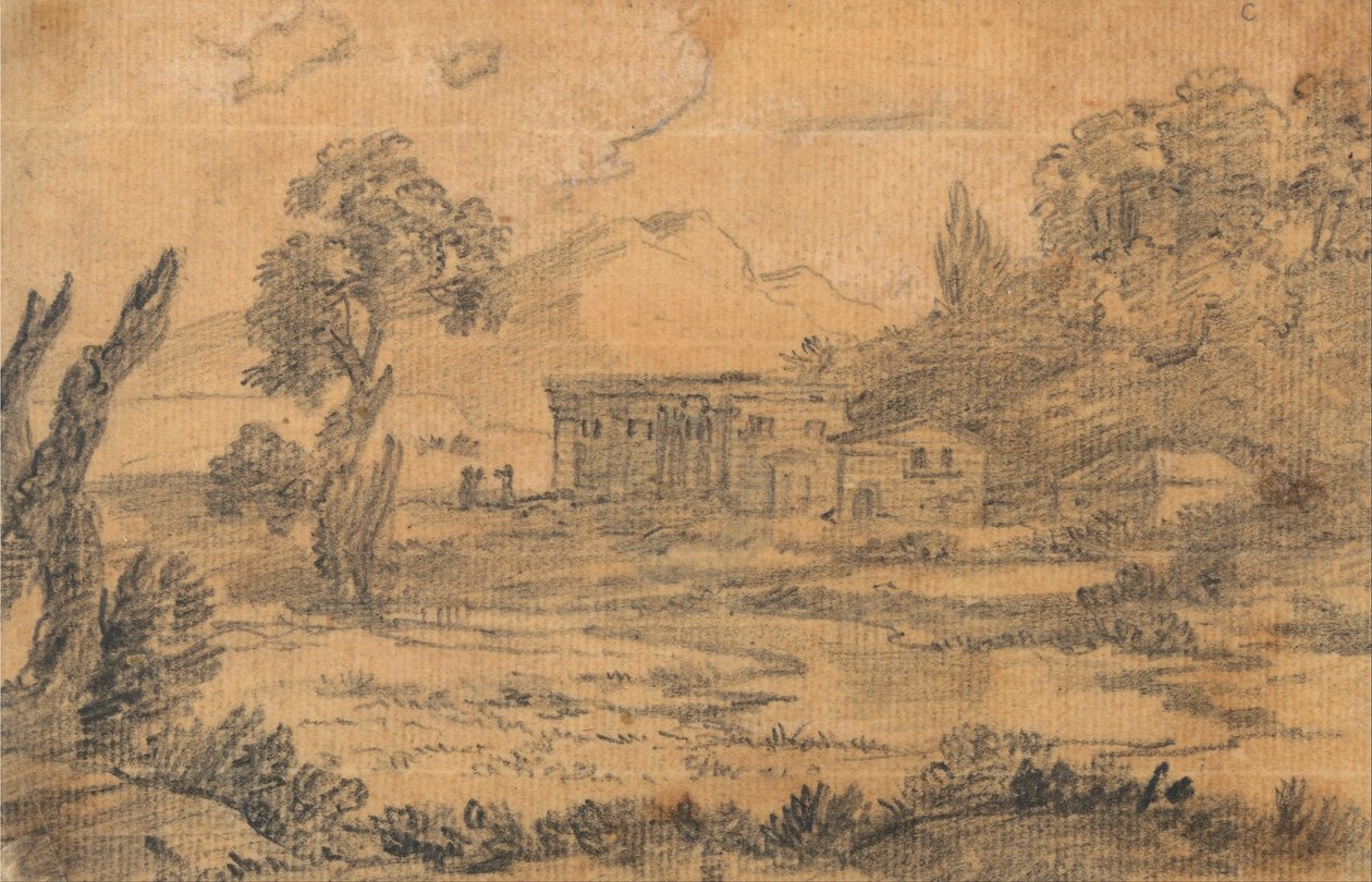 Bygninger ved en elv med åser i bakgrunnen av Alexander Cozens