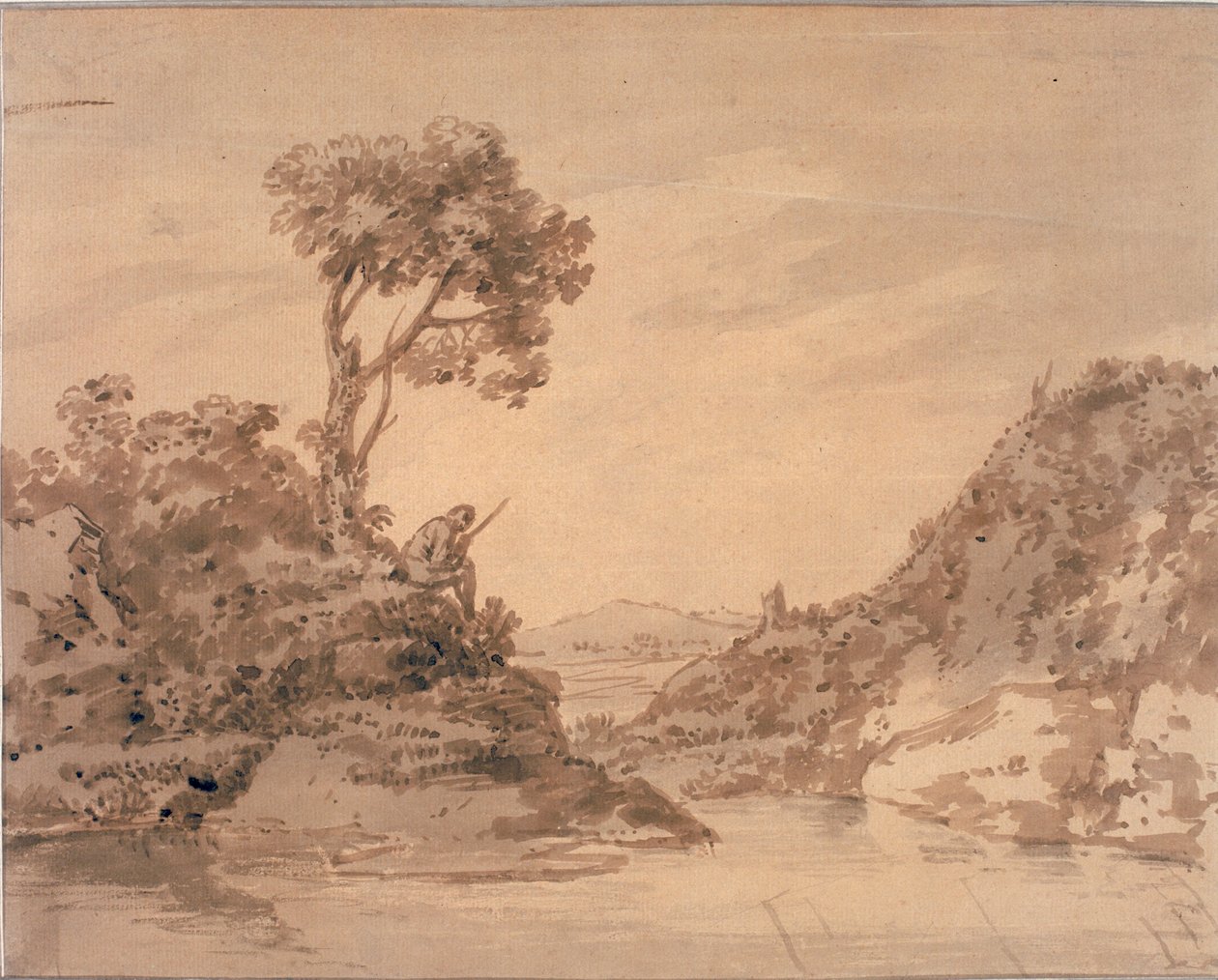 Landskap med figur på bredden av et basseng (akvarell på papir (brun)) av Alexander Cozens
