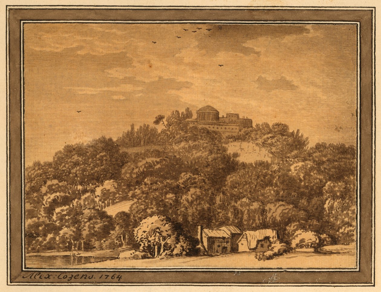 Landskap med tempel, 1764 (vask på papir) av Alexander Cozens